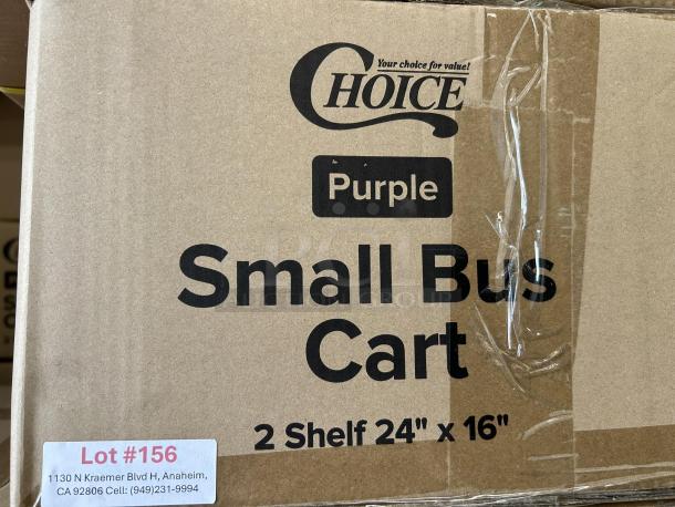 Brand new Choice purple utility cart, 24"x16", two shelves. Box label reads "Small Bus Cart." Lot #156, location in Anaheim, CA.