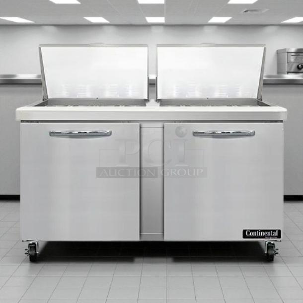 Continental SW60N24M 60" 2-Door Mega Top Prep Table, stainless steel, tested, working, on casters, perfect for sandwiches.