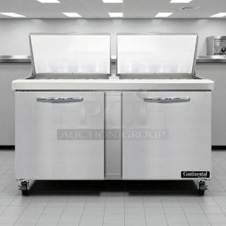 Continental SW60N24M 60" 2-Door Mega Top Prep Table, stainless steel, tested, working, on casters, perfect for sandwiches.