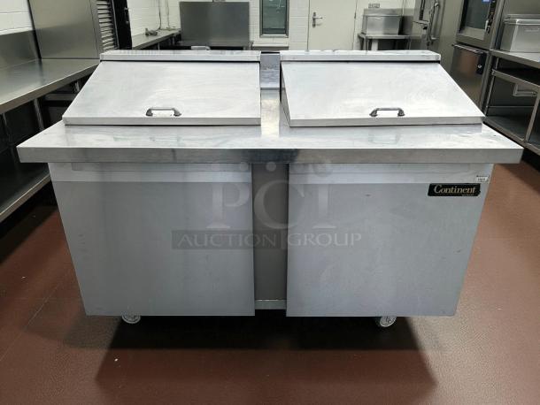 Continental SW60N24M 60" 2-door mega top refrigerated prep table in stainless steel. Tested, working, clean condition.