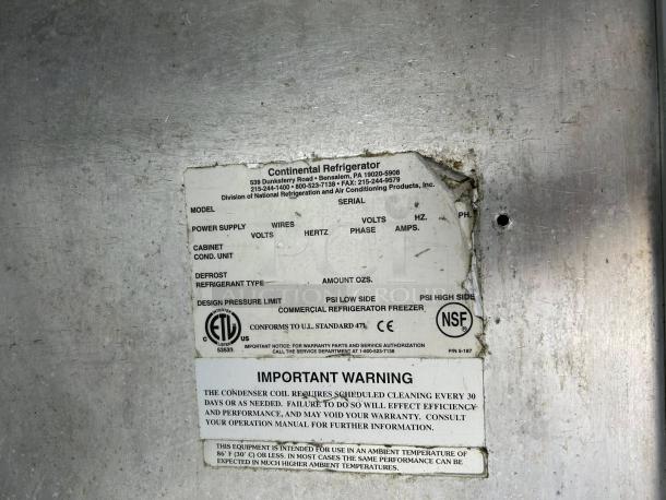 Continental SW60N24M label showing electrical specs and maintenance warning on stainless steel panel.