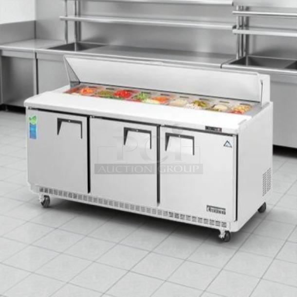 Everest EPBNR3 71" stainless steel refrigerated sandwich prep table, 3 solid doors, tested, working, on casters.