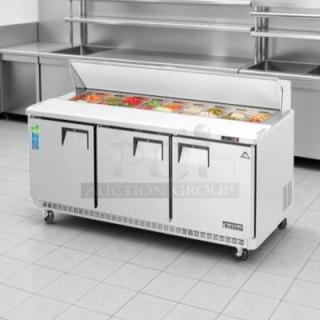 Everest EPBNR3 71" stainless steel refrigerated sandwich prep table, 3 solid doors, tested, working, on casters.