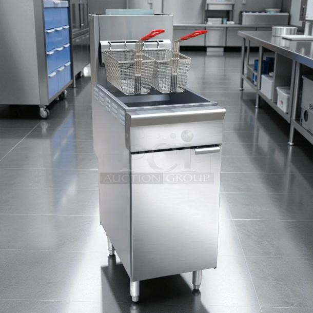 Brand New Black Diamond BDGF-ES35/NG gas fryer, 35 lb vat, floor model, natural gas, with dual baskets, stainless steel.