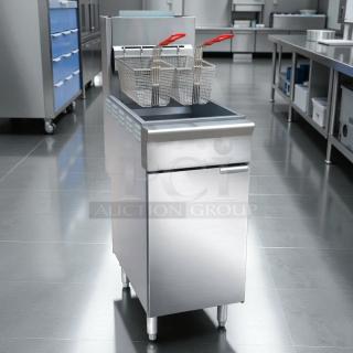 Brand New Black Diamond BDGF-ES35/NG gas fryer, 35 lb vat, floor model, natural gas, with dual baskets, stainless steel.