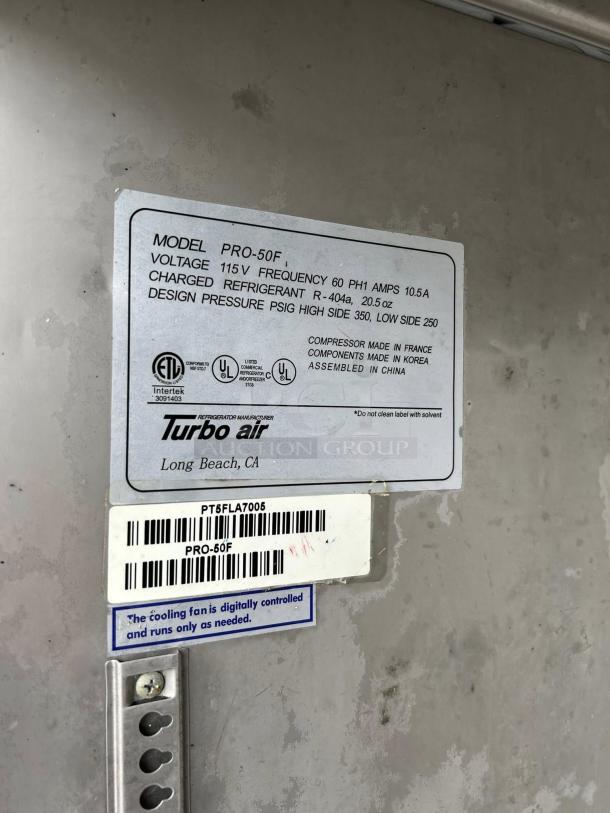 Turbo Air PRO-50F-N Reach-In Freezer label. Model, voltage, refrigerant, and certification details shown.