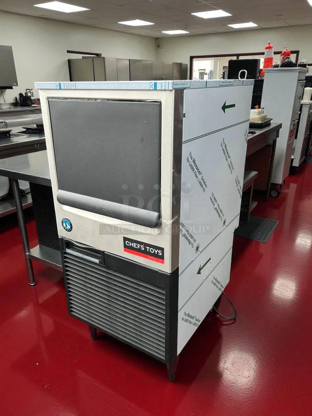 Hoshizaki KM-81BAJ ice machine with 38 lb. bin, air-cooled, stainless steel, tested and working, Chef's Toys label visible.