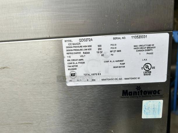 Manitowoc QD-0272A ice machine, excellent condition, 280 lb. production, 100 lb. storage, label showing model and specifications.
