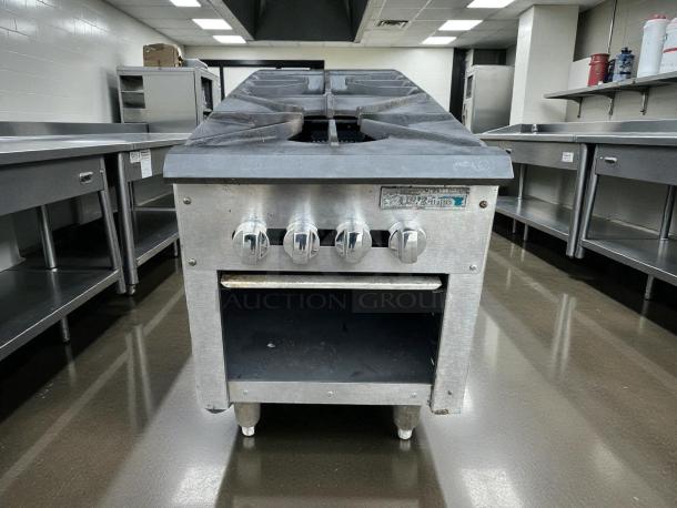 US Range Regal Series 2 Burner Pot Stove, stainless steel, tested working, features 4 knobs, visible US Range label.