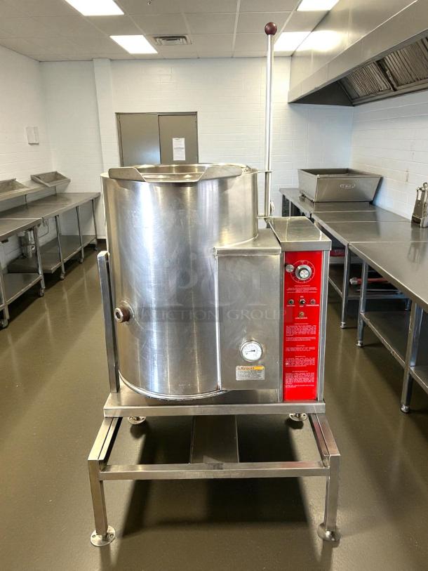 Crown Steam GC-12 12-gal. steam kettle, manual tilt, 2/3 jacket, liquid propane, tested and working, stainless steel. 