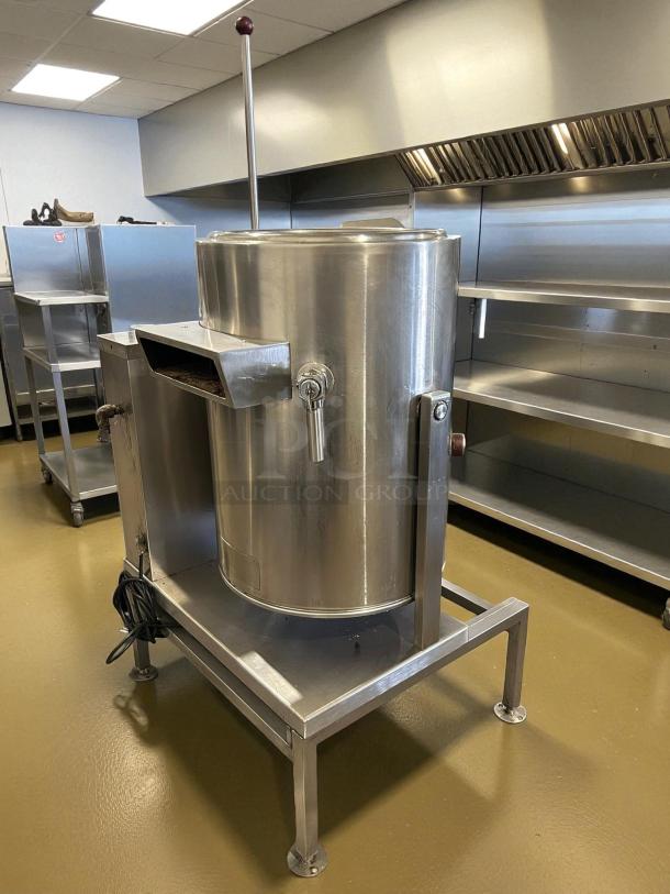 Crown Steam GC-12 12 gal. steam kettle, manual tilt, 2/3 jacket, liquid propane, stainless steel, excellent condition.