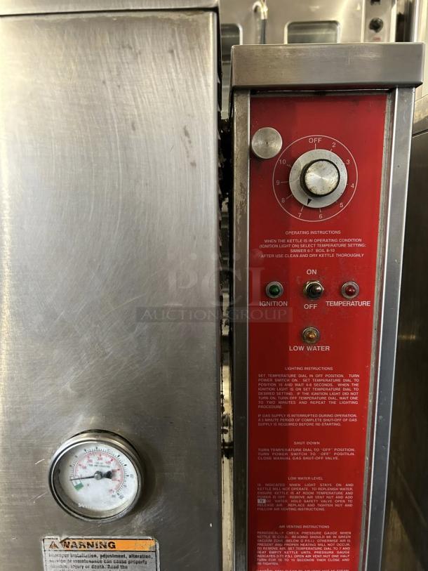 Crown Steam GC-12 steam kettle, 12 gal., manual tilt, 2/3 jacket, liquid propane, control panel with dials and gauges, tested working.