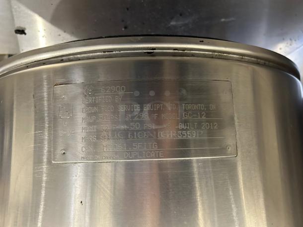 Crown Steam GC-12 steam kettle label, showing certification, model, PSI ratings, serial number, and 2012 build date.