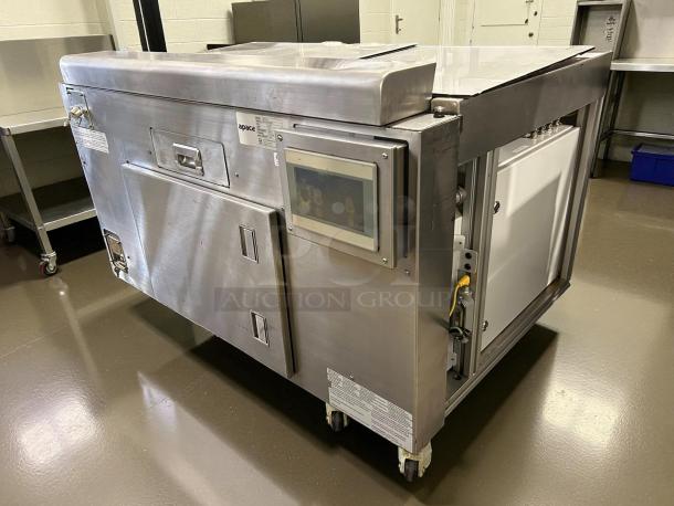 Apace UM1EGA electric grill griddle in excellent condition, 208V 3-phase, with fire system, stainless steel finish, on casters.