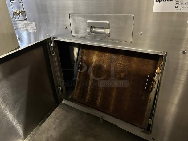 Apace UM1EGA electric grill griddle, excellent condition, 208V 3 Phase, stainless steel, open compartment visible, fully tested.