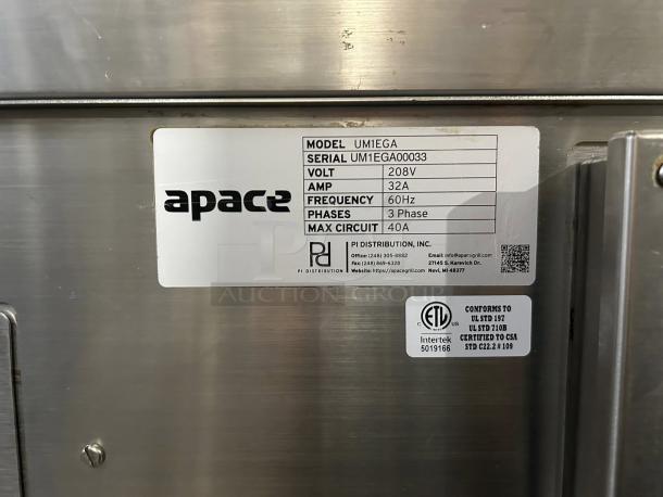 Apace UM1EGA electric grill griddle label showing 208V, 32A, 60Hz, 3 phase, max circuit 40A, excellent condition, fully tested.