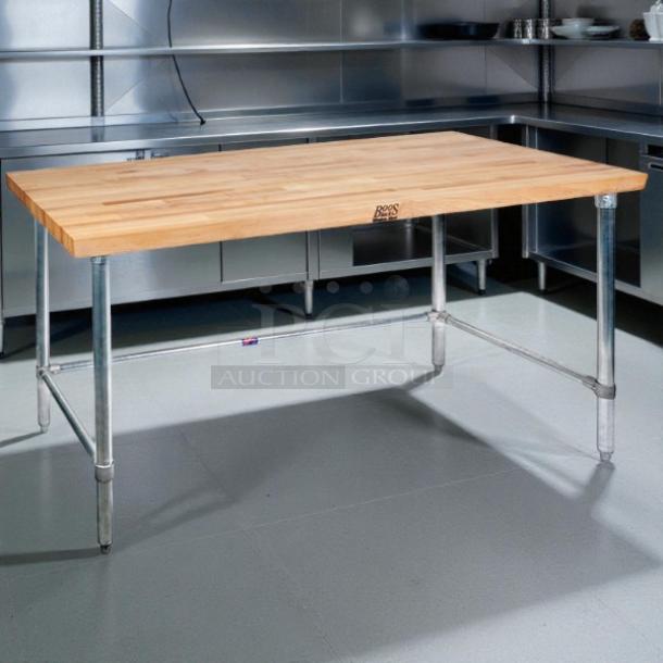 John Boos HNS19 work table, 84"x36", 1-3/4" laminated flat top, great condition, sturdy metal legs, Boos logo visible.