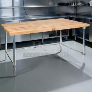 John Boos HNS19 work table, 84"x36", 1-3/4" laminated flat top, great condition, sturdy metal legs, Boos logo visible.