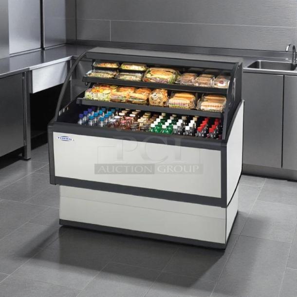 Federal LPRSS3 36" horizontal open air cooler, 3 levels, tested and working, displaying assorted beverages and sandwiches.