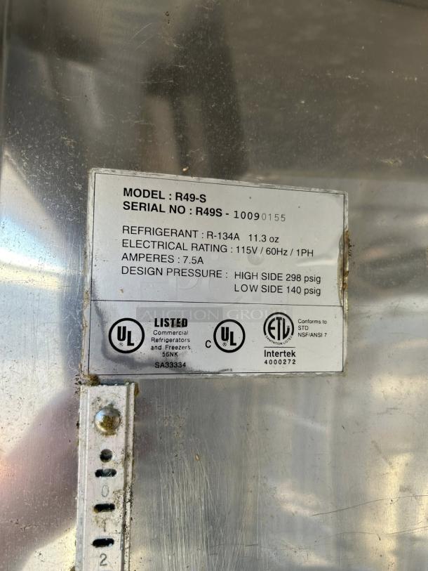 Superior R49-S refrigerator label showing model, serial number, electrical rating, and UL certifications.
