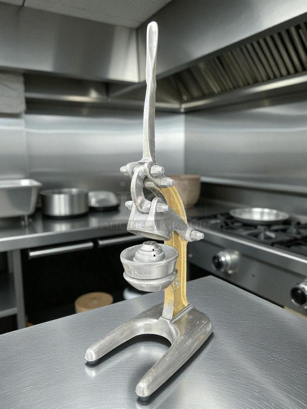 Manual Chav Rub orange juice press, metallic finish, tested and working, vintage design, excellent condition.