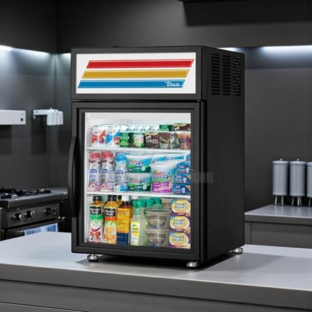 True GDM-05-HC~TSL01 black refrigerated countertop merchandiser, excellent condition, glass door, tested and working.