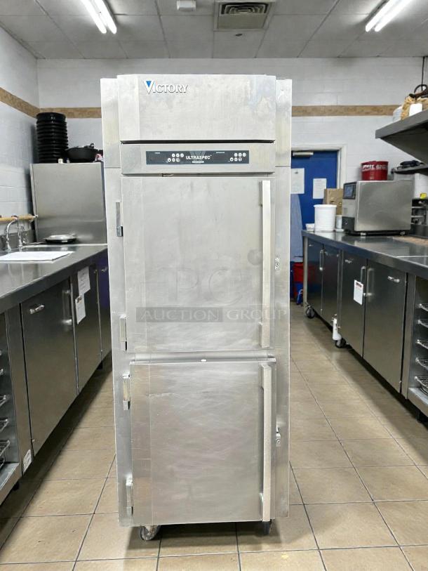 Victory RFS-1D-S1-HD-HC Ultraspec dual temp refrigerator-freezer in stainless steel, tested and working, in kitchen setting.