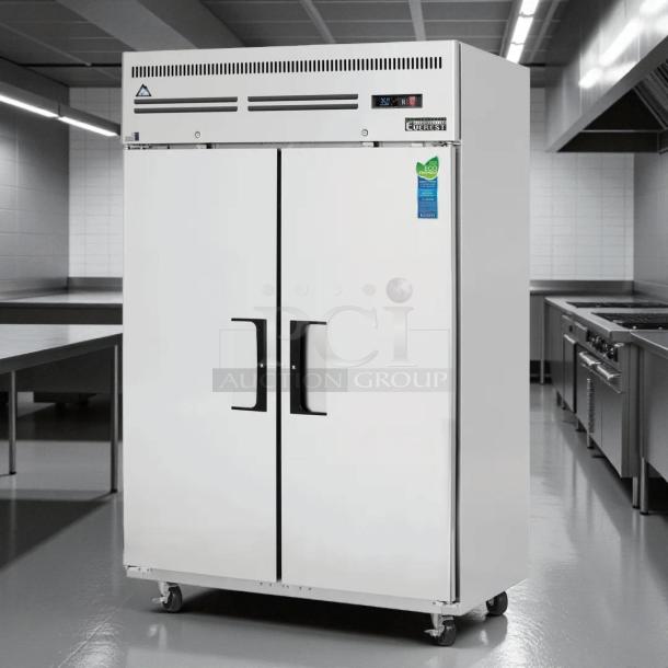 Everest ESR2 49" two-section reach-in refrigerator with top mount, two solid doors, in great condition, tested and working.