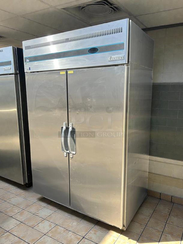 Everest ESR2 49" reach-in refrigerator, two solid doors, top mount compressor, great condition, stainless steel exterior.