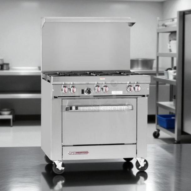 Southbend S36D 36" natural gas range with 6 burners and standard oven. Tested, working, stainless steel finish.