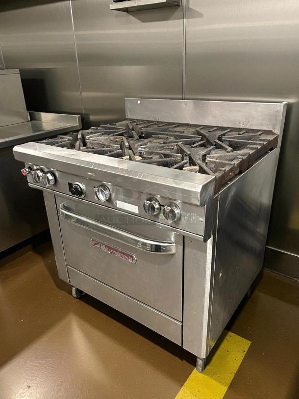 Southbend S36D 36" natural gas 6-burner range with standard oven, stainless steel, tested and working.