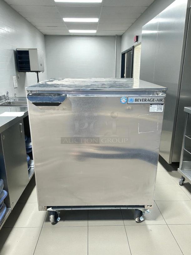 Beverage-Air UCR27AHC 27" undercounter refrigerator, 1 solid door, tested and working, stainless steel finish, on casters.