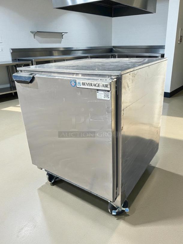 Beverage-Air UCR27AHC 27" undercounter refrigerator, 1 solid door, stainless steel, tested and working, on casters.