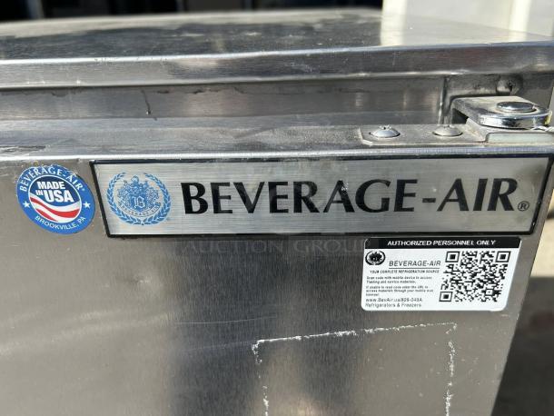 Beverage-Air UCR27AHC 27" undercounter refrigerator, stainless steel, tested, working, "Made in USA" and QR code label visible.