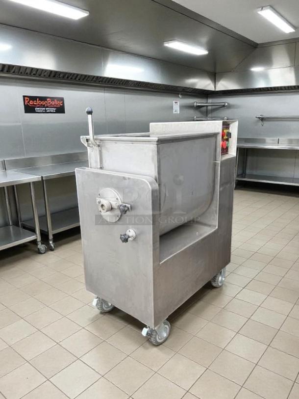 Atlantic Equipment BX700B meat filling mixer in excellent condition, stainless steel, on wheels, tested and working.