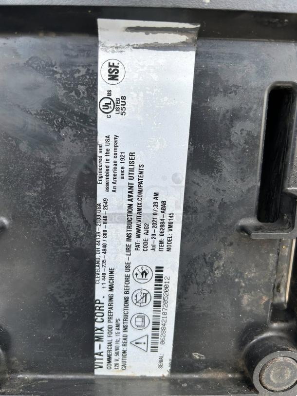 Vitamix 036019-ABAB Quiet One blender label showing model, serial number, and NSF/UL certifications.