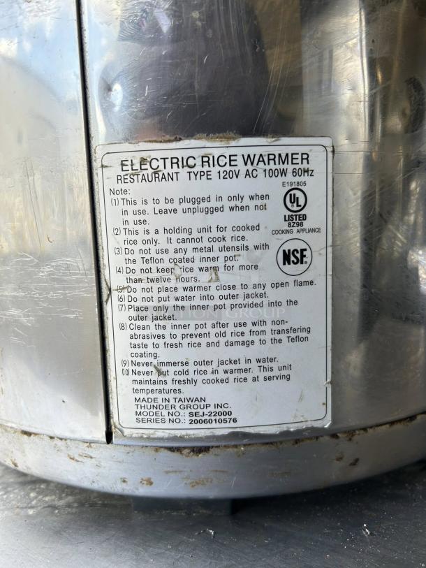 Thunder Group SEJ22000 50 cup Electric Rice Warmer, stainless steel, tested and working. UL and NSF listed, 120v. Excellent condition.