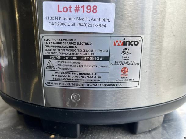 Winco RW-S451 Rice Warmer in excellent condition, 100 cup capacity, tested and working, model label shown.