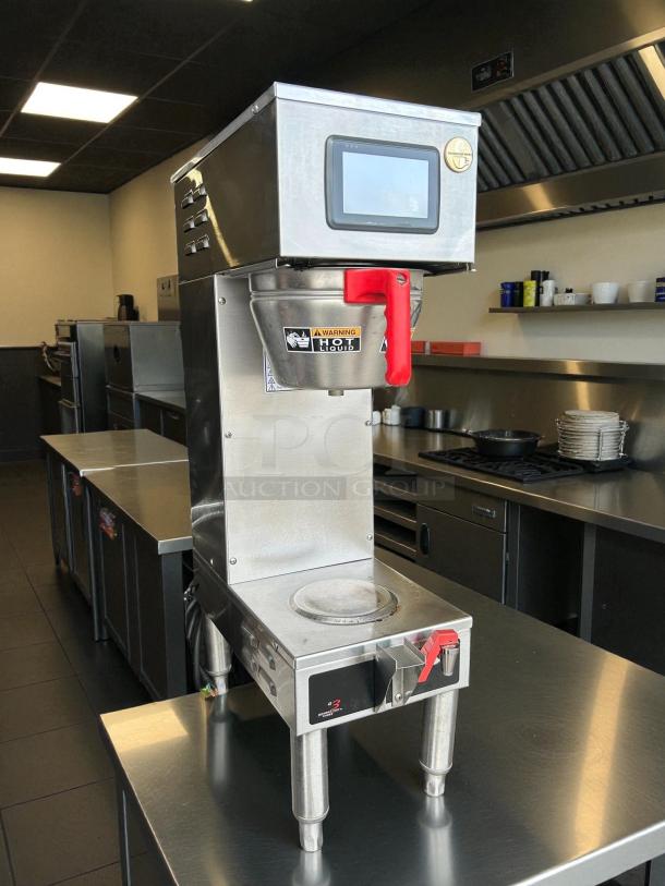 Curtis G4GEMS63A1000 Automatic Satellite Coffee Brewer, 1.5 gal capacity, stainless steel, tested, warning labels visible, great condition.