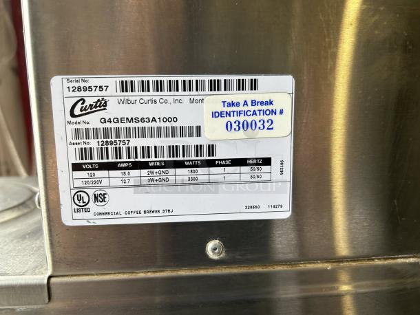 Curtis G4GEMS63A1000 coffee brewer label, great condition, commercial use, 1 1/2 gal capacity, 110/220v, tested working.