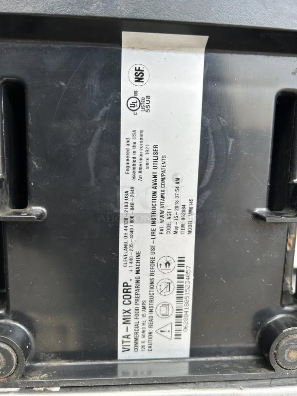 Vitamix VM0145 The Quiet One Blender, 48oz, tested and working, great condition, 3 HP. Label shows model and safety marks.