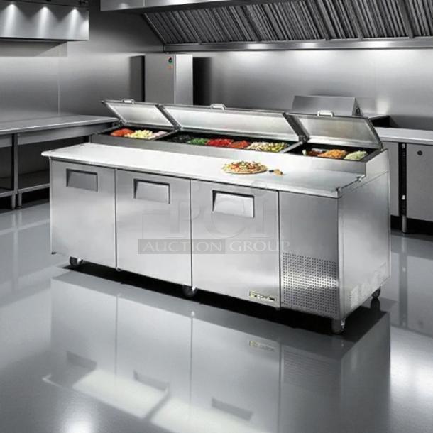 True TPP-93 Refrigerated Pizza Prep Table, 93", 3-door, with overshelf, tested, stainless steel, excellent condition.