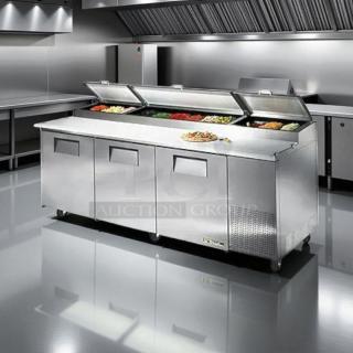 True TPP-93 Refrigerated Pizza Prep Table, 93", 3-door, with overshelf, tested, stainless steel, excellent condition.