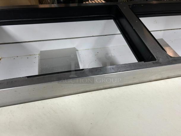 True TPP-93 93" refrigerated pizza prep table with overshelf, stainless steel, 3 doors, tested and working condition.