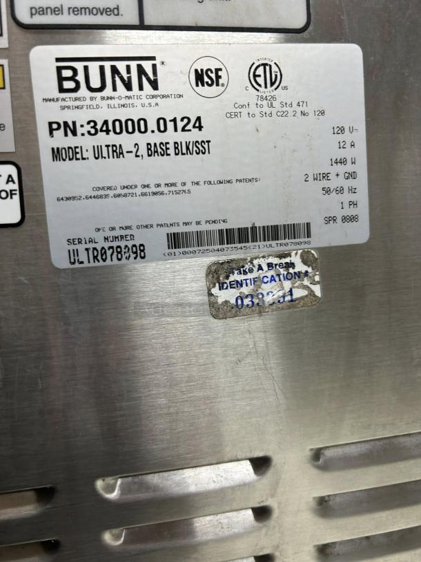 Bunn 58000.0015 ULTRA NX Frozen Drink Machine, black and stainless steel, 120V, excellent condition, model, and serial label.