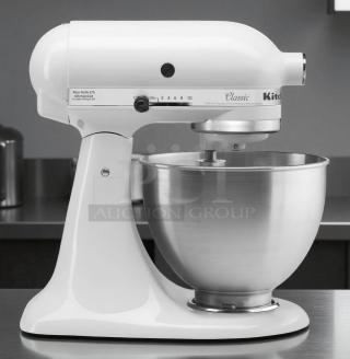 KitchenAid K45SSWH 10-speed stand mixer in white, 4.5 qt stainless bowl, tested and working, great condition, 120v.