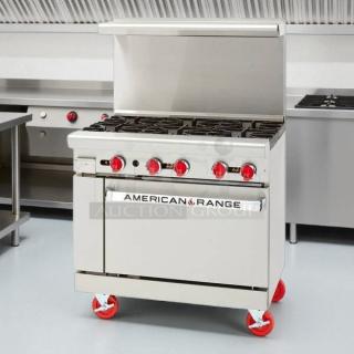 American Range AR-6 36" liquid propane 6-burner range with oven in excellent condition. Tested and working.