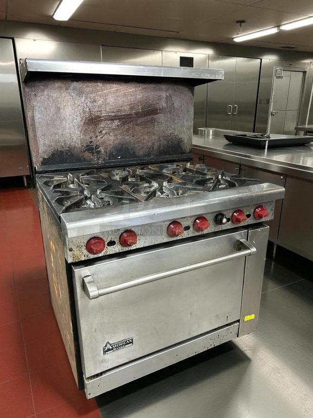American Range AR-6 36" liquid propane 6-burner range with standard oven, excellent condition, tested and working.