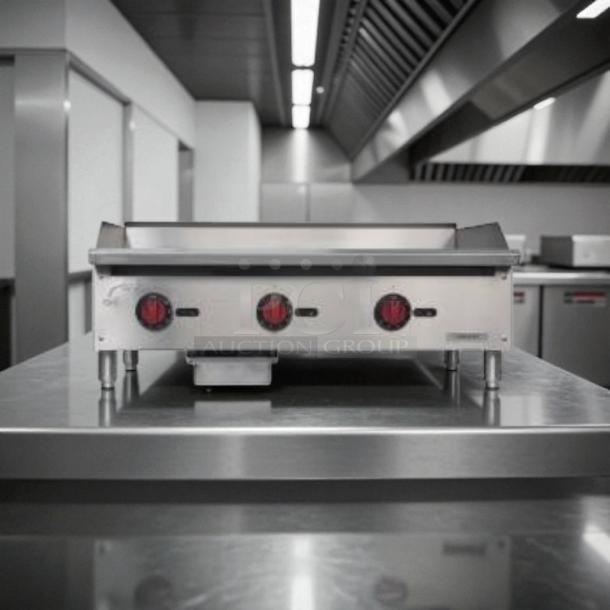 Kintera countertop gas griddle, 36"W, thermostatic control, 3 burners. Great condition, tested and working.