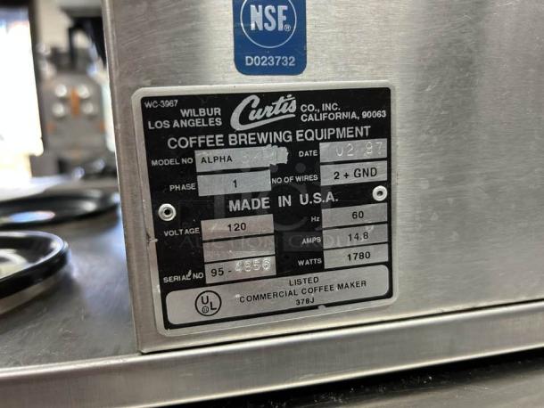 Curtis ALP3GTR12A000 coffee brewer label showing model, voltage (120V), amperage (14.8A), and wattage (1780W), tested and working.